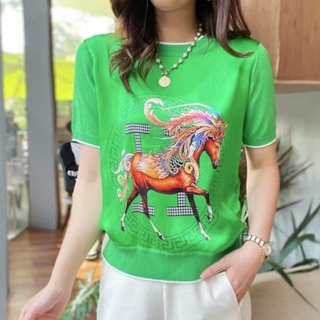 HERMES เสื้อยืดคอกลม แขนสั้น พิมพ์ลาย สีเขียว แฟชั่นฤดูร้อน สําหรับผู้หญิง