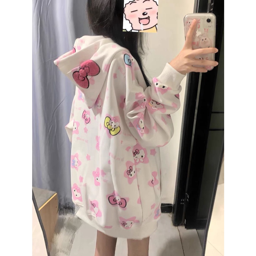 เสื้อแจ็กเก็ตกันหนาว มีฮู้ด ปักลาย hello kitty Cat สไตล์ญี่ปุ่น แฟชั่นฤดูใบไม้ร่วง และฤดูหนาว