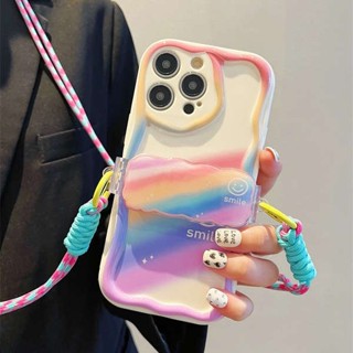 เคสโทรศัพท์มือถือ แบบนิ่ม ลายหน้ายิ้ม สีรุ้ง กันกระแทก มีสายคล้อง สําหรับ Apple Iphone 14promax 13 12 11 xr x