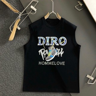 Dior 2023 ใหม่ เสื้อยืดลําลอง คอกลม แขนกุด ผ้าฝ้ายแท้ พิมพ์ลาย แฟชั่นสําหรับผู้ชาย