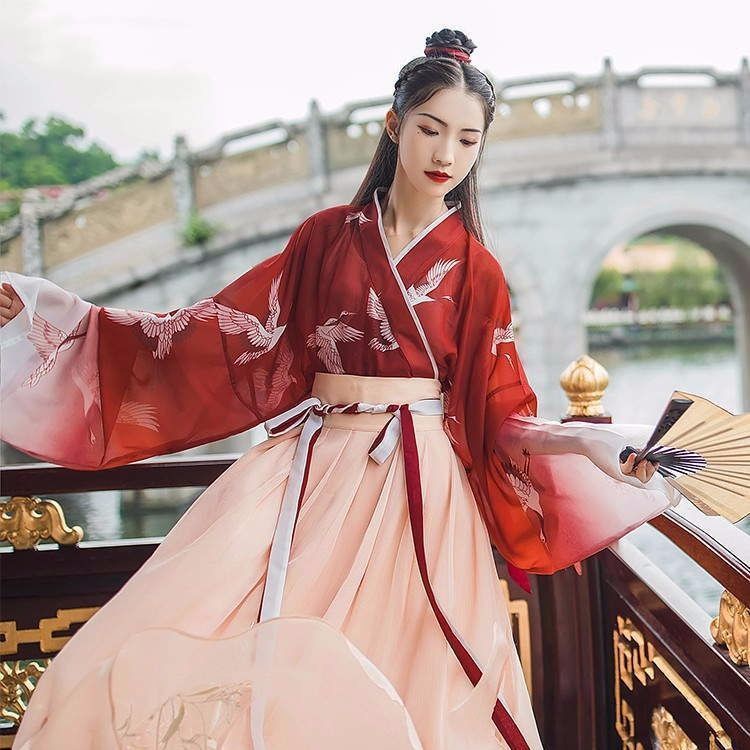 Hanfu เครื่องแต่งกาย ชุดกระโปรง ความยาวเอว 6 ระดับ สไตล์จีน แฟรี่ แฟชั่นฤดูร้อน สําหรับผู้หญิง นักเรียน