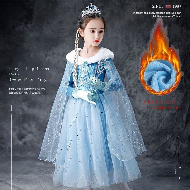 ใหม่ ชุดเดรสกระโปรง ผ้ากํามะหยี่ แบบหนา ลายเจ้าหญิงเอลซ่า โฟรเซ่น ขนาดกลาง และใหญ่ แฟชั่นฤดูใบไม้ร่วง และฤดูหนาว สําหรับเด็กผู้หญิง