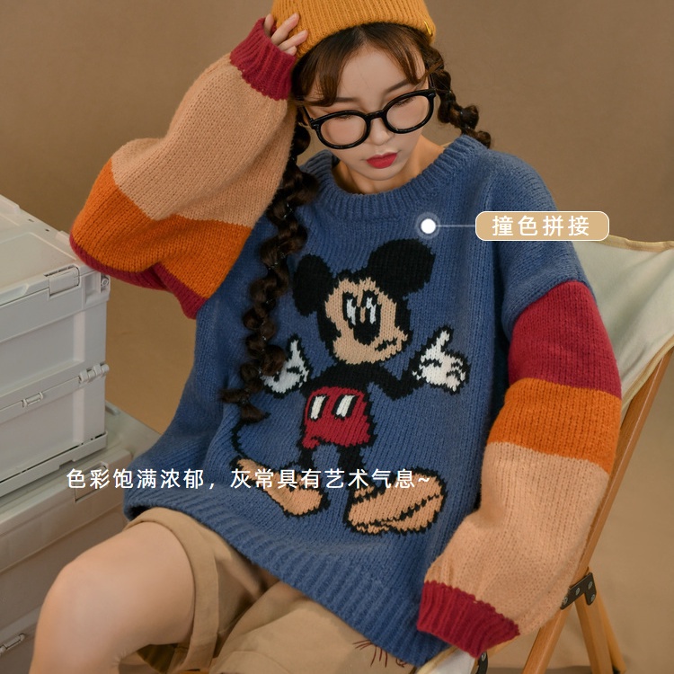 [พร้อมส่ง] [Mickey Stall Hands] เสื้อกันหนาว ผ้าถัก ทรงหลวม ลายการ์ตูนอนิเมะ สีคอนทราสต์ สไตล์หวานแหวว เหมาะกับฤดูใบไม้ร่วง ฤดูหนาว สําหรับผู้หญิง นักเรียน ปาร์ตี้
