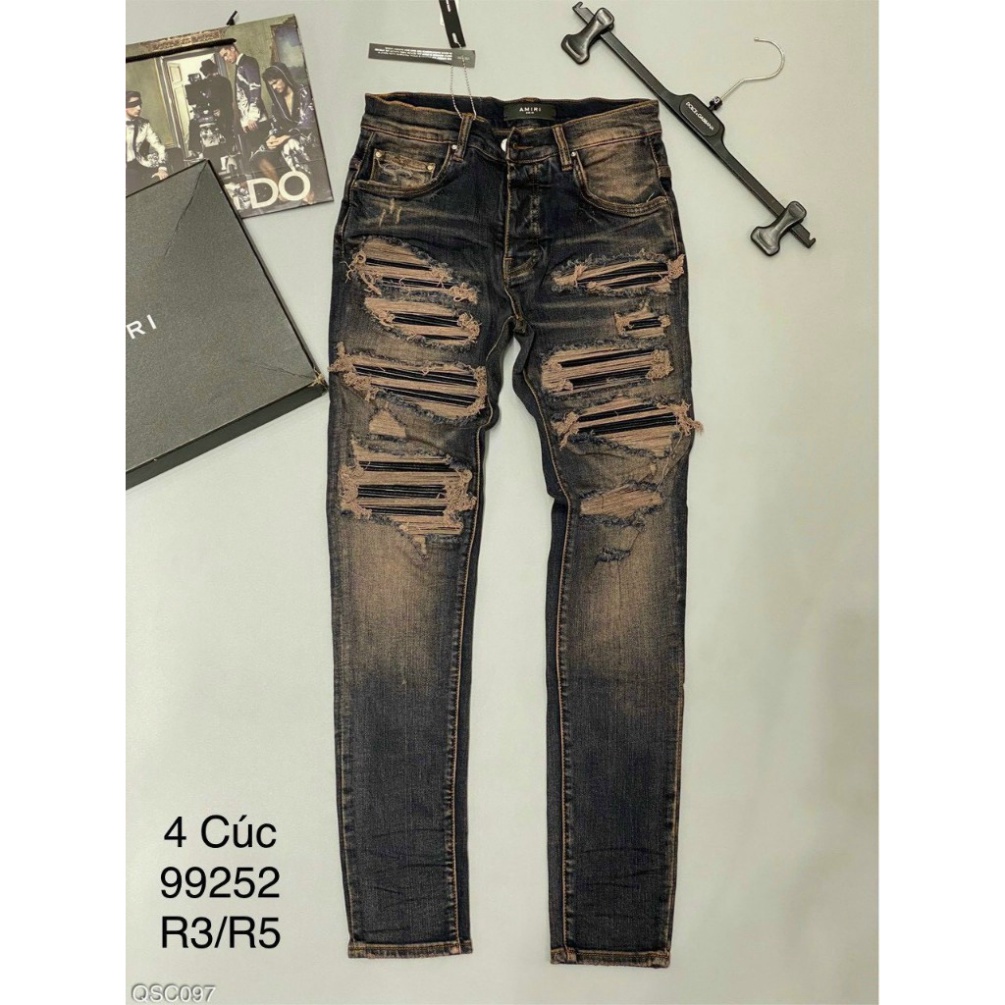 Amiri Slimfit Street Boy jeans หนังสีน้ําตาลเข้ม Patched 4 ปุ่ม Amiri กางเกงยีนส์พร้อมแพทช์หนังสีดํา