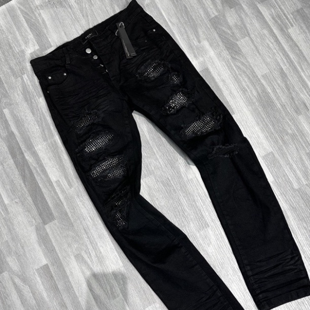 Amiri 4-Button Black Stone Mens Jeans Amiri Skinny Jeans with Metallic Stones, สินค้ากวางโจวคุณภาพสู