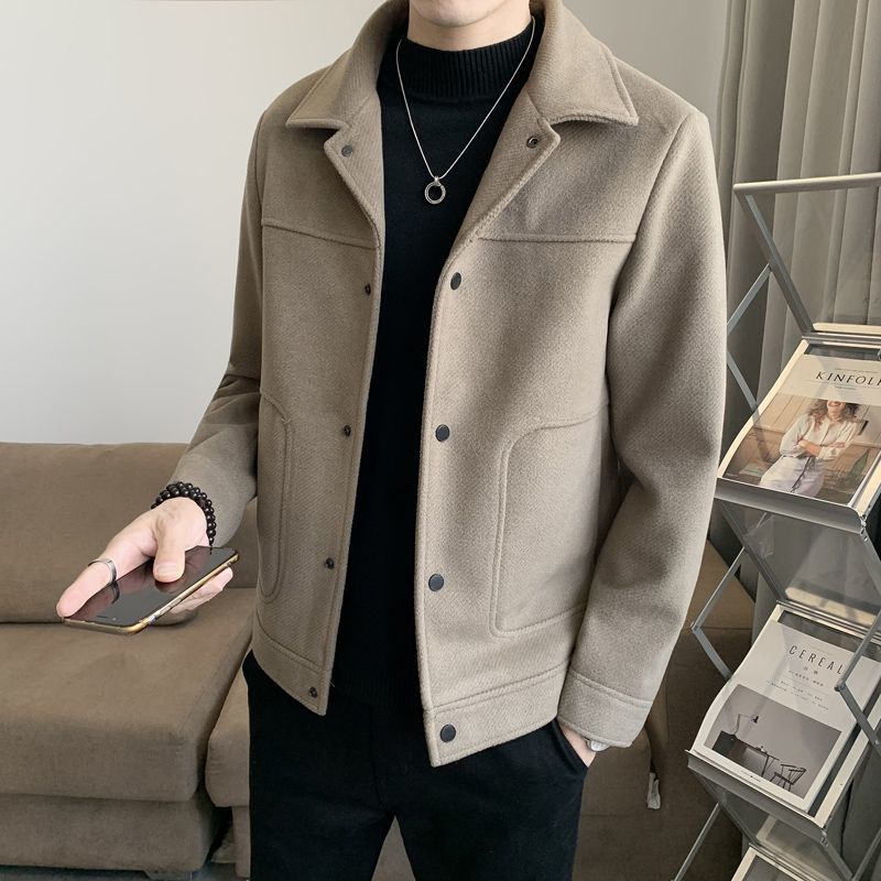เสื้อแจ็กเก็ตลําลอง ผ้าขนสัตว์ แบบหนา เข้ารูป คุณภาพสูง แฟชั่นฤดูใบไม้ร่วง และฤดูหนาว สไตล์เกาหลี สําหรับผู้ชาย