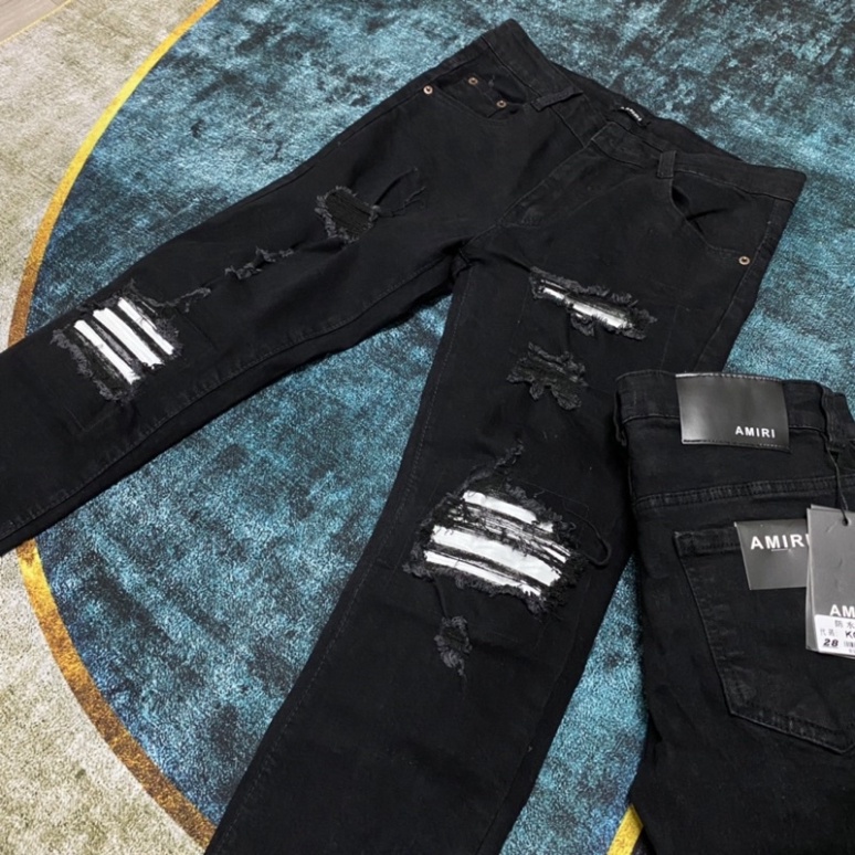 [Hot] Amiri Mens jeans black with white leather Patch กางเกงยีนส์ผู้ชายสีดํามีซับในหนังสีขาวย่น