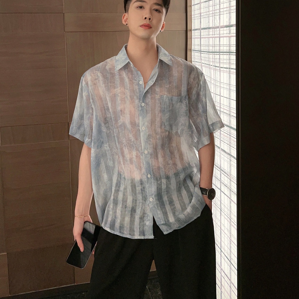 เสื้อเชิ้ตแขนสั้นลําลอง ซีทรู กันแดด น้ําหนักเบา ระดับไฮเอนด์ สไตล์เกาหลี สําหรับผู้ชาย LF1 2023