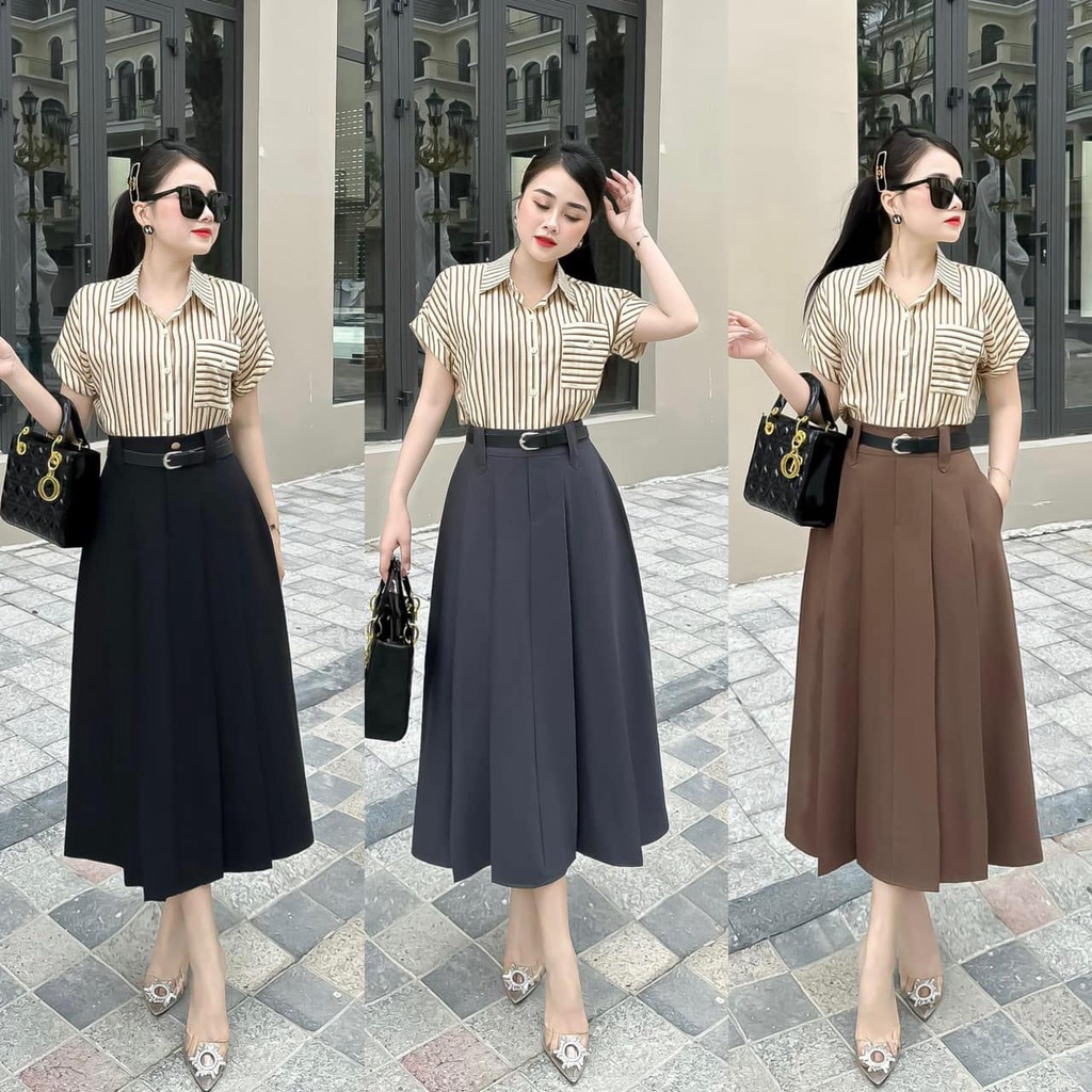 Susuclothing กระโปรงออฟฟิศเอวสูง ซิปหน้า กระโปรงพลีทยาว มีกระเป๋าทั้งสองข้าง หัวเข็มขัดหน้า 80cm BELT INCLUDED