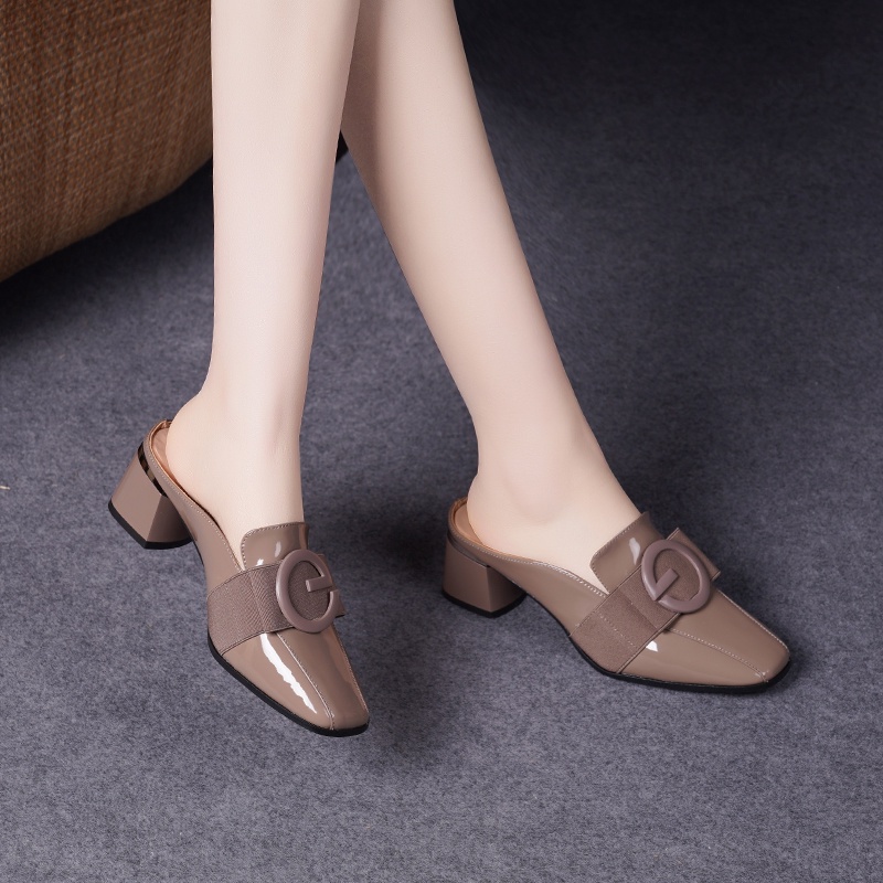 พร้อมส่ง ใหม่ รองเท้าแตะหนัง ส้นกลาง แฟชั่นฤดูร้อน สําหรับผู้หญิง 2023