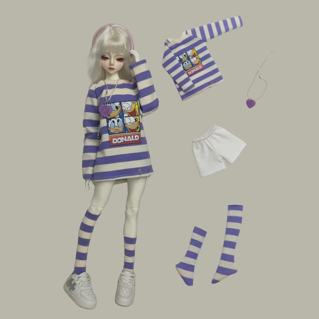 Bjd1/4 เสื้อผ้าเด็ก ชุดสูท สีม่วง ลายทาง เสื้อกันหนาว สร้อยคอ หวานแหวว fc สี่ตัว cd