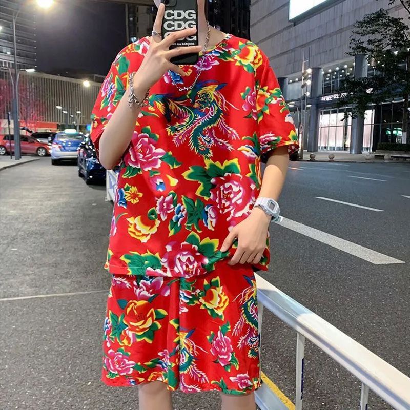 เสื้อยืดแขนสั้น กางเกงขาสั้น พิมพ์ลายดอกไม้ แนวตลก สําหรับผู้หญิง LF11.24