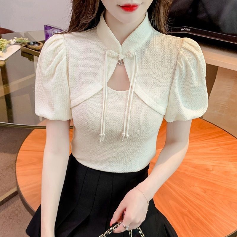 9.5& เสื้อยืดแขนสั้นผู้หญิง 2023 ยังคงเป็นเสื้อยืดแขนสั้นขนาดเล็ก 2023 hollowed out bubble เสื้อยืดแ