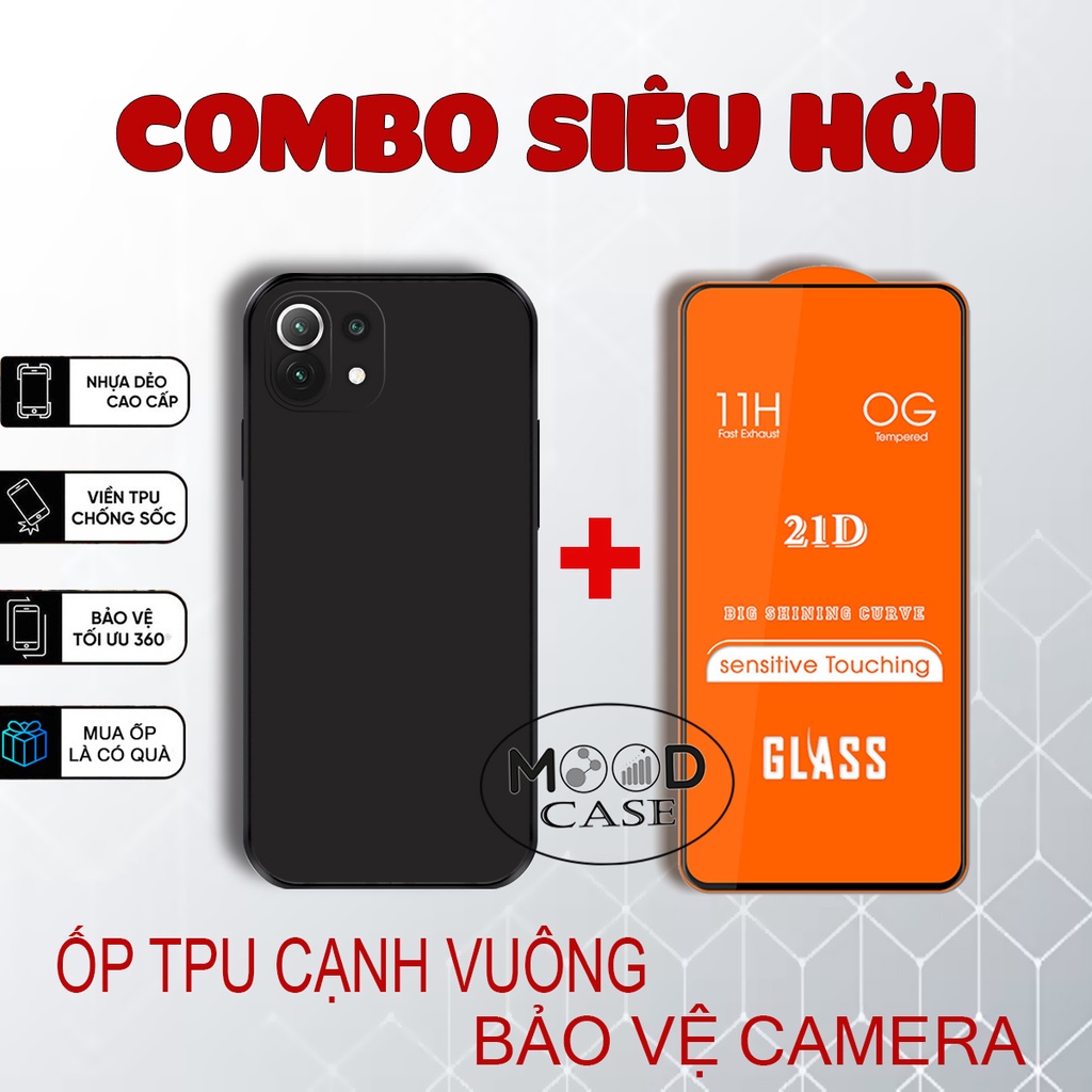 เคส TPU ทรงสี่เหลี่ยม + 21D Tempered Xiaomi Mi 11, Mi 11T, Mi 11 Lite, Mi 11 Pro Full Screen cam Pro