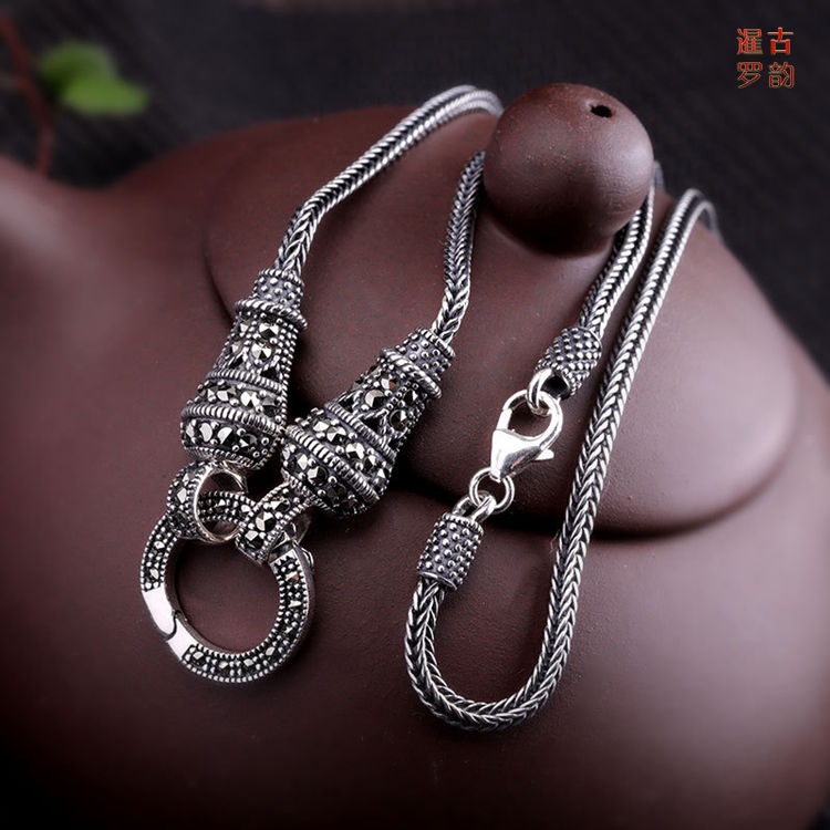 925 เงินสเตอร์ลิงย้อนยุคผู้หญิงเงินไทยวินเทจแฟชั่นสากลชะ925银复古女式小型犬外出遛狗链子便携版者น้ําผ่านอเนกประสงค์สร้อ