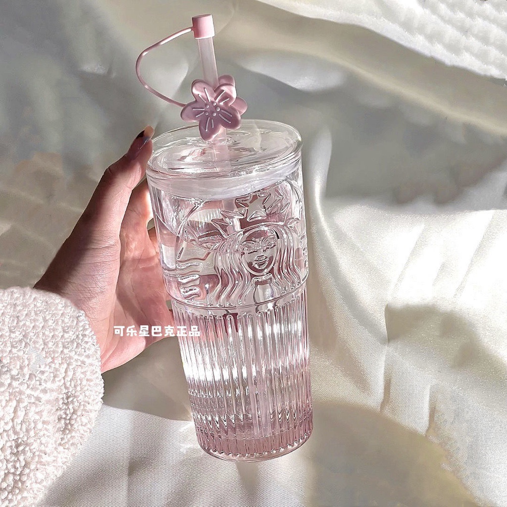 ★Ins Cup Starbucks Style Cup 2023 Cherry Blossom Pink Gradient Peach Blossom Goddess Glass Straw Cup High-value Office Water Cup Female