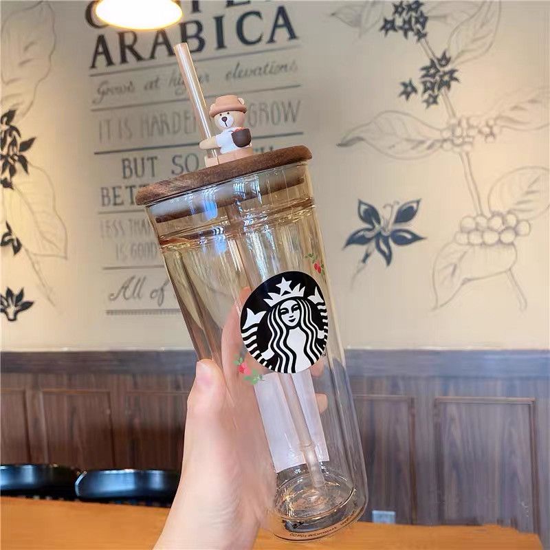 ★Ins ถ้วย ★Starbucks แก้วน้ําสองชั้น ลายหมีน่ารัก พร้อมหลอดดูดน้ํา สไตล์เกาหลี