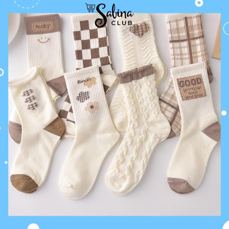 ชุด5ชิ้นถุงเท้าคอปกสูงของผู้หญิงวินเทจสไตล์เกาหลีถุงเท้าคอปกสูงของผู้หญิงที่มีสีน้ําตาลลายtdn34 นครภ