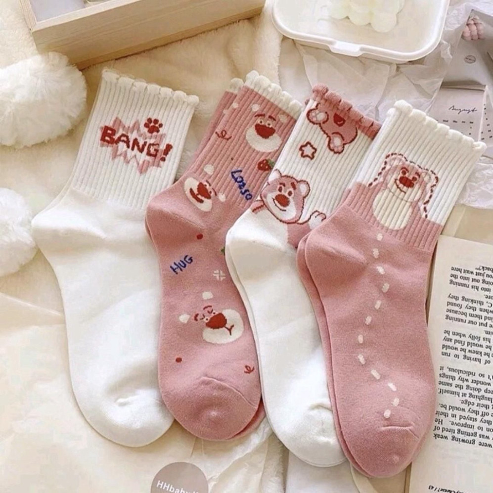 คอมโบ 5-10 คู่น่ารักมากมายสตรอเบอร์รี่กลางคอถุงเท้าผู้หญิง HVL