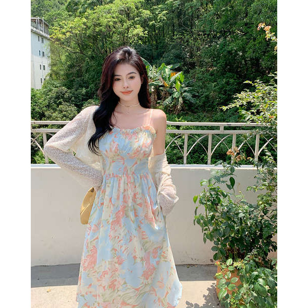 ชุดน่ารักสไตล์เกาหลี ชุดเดรสสาวอวบ ขนาดบวกนางฟ้าอารมณ์ชุดผู้หญิงฤดูร้อนไขมันมิลลิเมตรลูกแพร์รูปร่างย้อนยุคบางดอกไม้ sundress ชุด