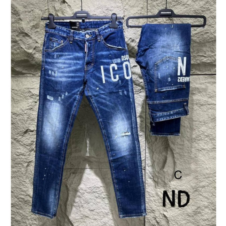 Dsquared2 Blue Jeans with White ICON Letter Print, DSQ2 Blue Painted Dot Jeans with Flared Legs - EX