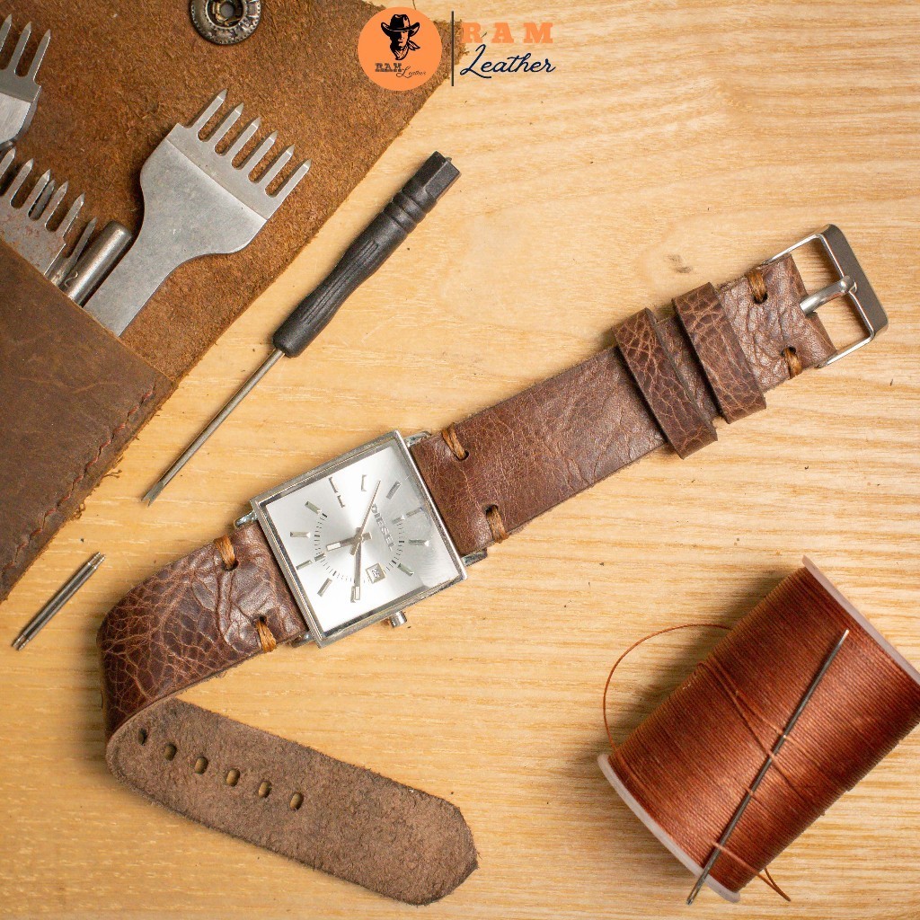 สายนาฬิกาหนังวัวแท้แฮนด์เมดสีน้ําตาลแดง ทนทานสุดๆ RAM Leather V3 2 สาย 18mm, 20mm, 22mm, Casio 1200, iwatch AW