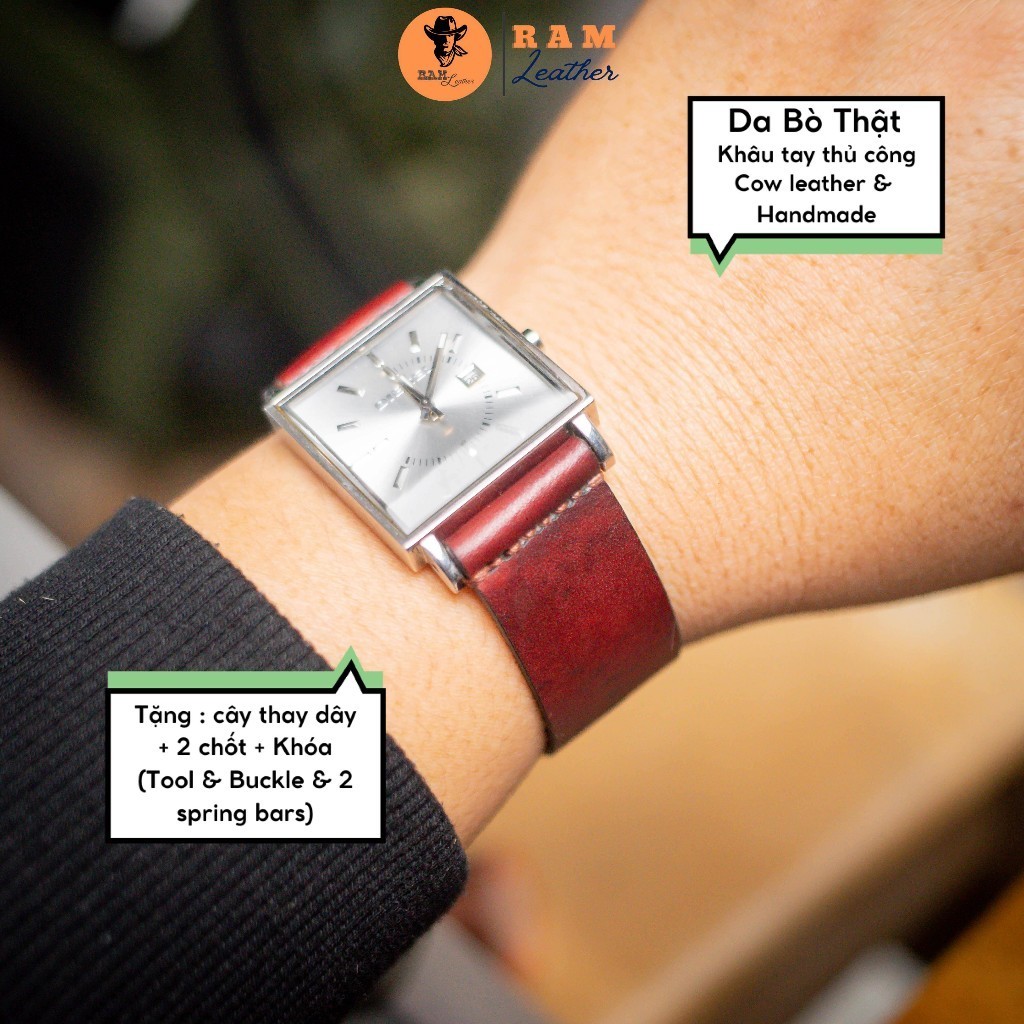 Red Dyed Veg Cowhide Handcrafted Watch Strap - หนัง RAM Simple 18mm, 19mm, 20mm, 21mm,22mm, Casio 1200, iwatch