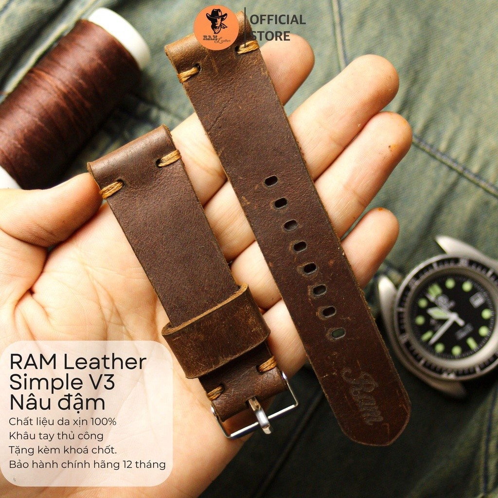 สายนาฬิกาหนังวัวแท้แฮนด์เมดทนทานสุดใน Dark Brown Ram Simple V3 ขนาด 22mm, 21mm, 20mm, 19mm, 18mm, AW, Casio 1200