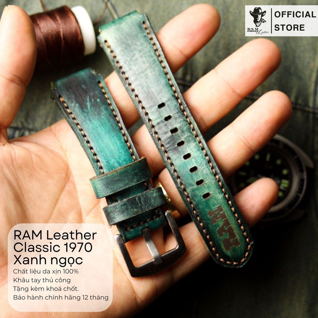 Veg Moss Green Cowhide Watch Strap - RAM Classic 1970 ขนาด 22mm, 21mm, 20mm, 19mm, 18mm, AW, Casio 1200