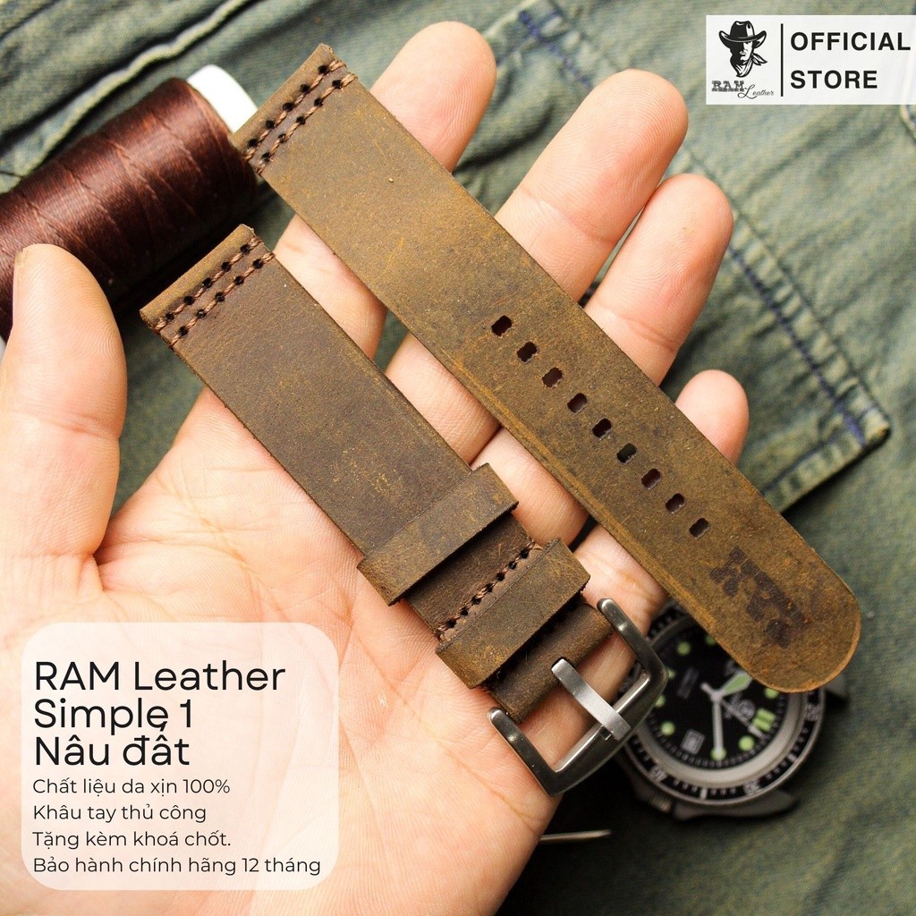 Earth Brown Horse Wax Leather Watch Strap - RAM Simple 1 ขนาด 22mm,21mm,20mm, 19mm, 18mm, AW, Casio 1200