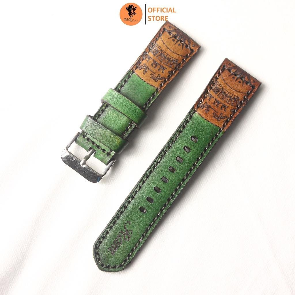 Veg Cow Leather Drum Watch Strap Turquoise - RAM ขนาด 22mm, 21mm, 20mm, 19mm, 18mm, AW, Casio 1200