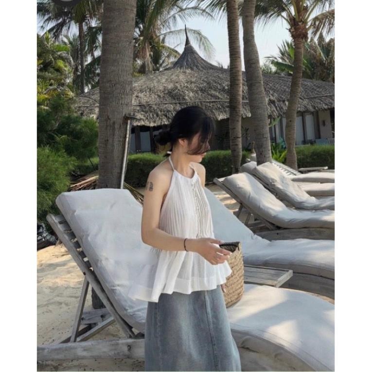 เสื้อสายเดี่ยวผ้าลินินผูกโบว์หลังจับจีบ