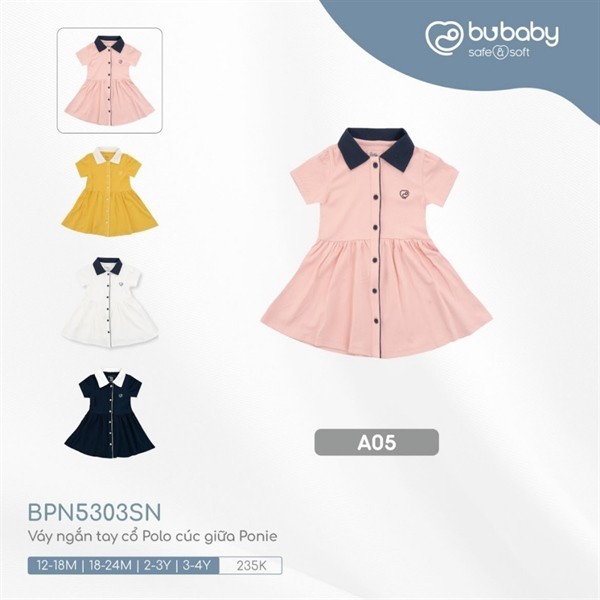 BPN53 - ชุดเดรสแขนสั้นคอปกโปโลติดกระดุมกลาง Ponie Bubaby - สีชมพู