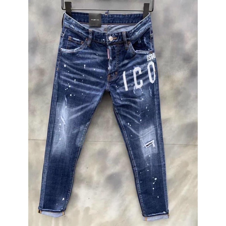 Dsquared2 Blue ICON Painted Jeans DSQ Painted Dot Bright Blue Stretch Jeans with Flared Legs เทรนด์แ