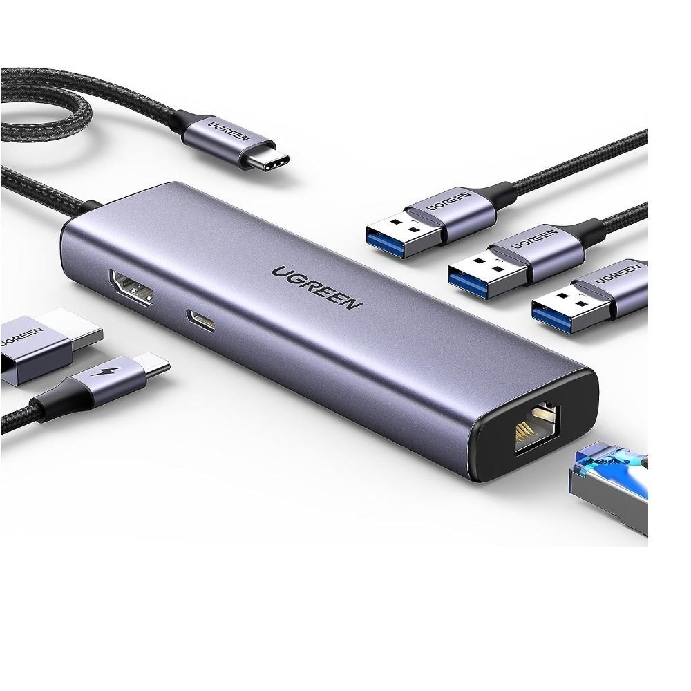 Ugreen 15598 USB type C ถึง 1 x HDMI 4K30Hz + 3 x USB 3.0 + 1 x RJ45 1Gbps + 1 x USB-C PD100W 6in1 C