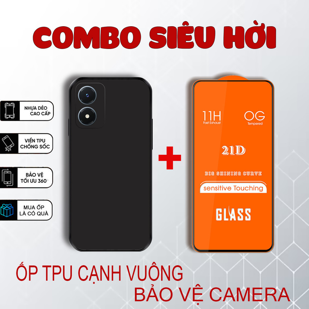 เคส TPU, กระจกนิรภัย 21D Vivo Y16, Y02S, Y02, Y02A ขอบเหลี่ยม TPU | อุปกรณ์เสริมโทรศัพท์