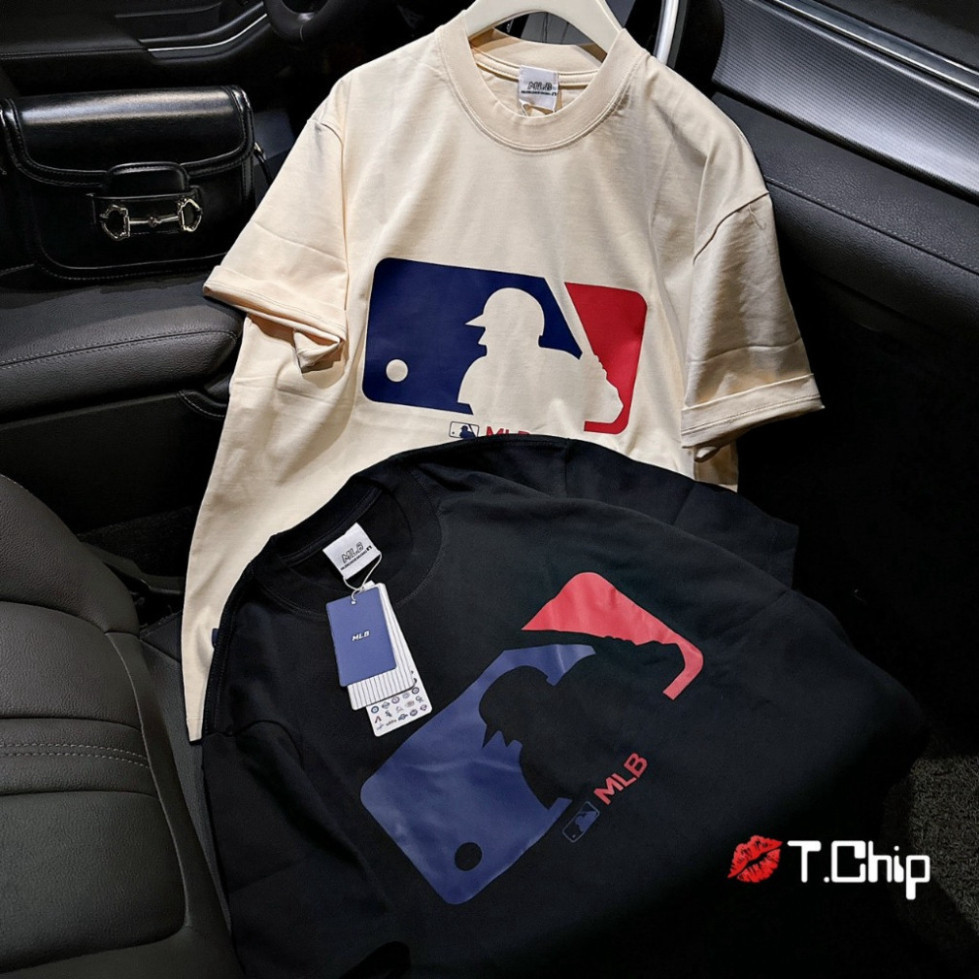 Mlb รูปแบบกว้างเสื้อยืด MLB โลโก้พิมพ์ผ้าฝ้ายหนาไม่มี Ruffles, Unisex เสื้อยืด