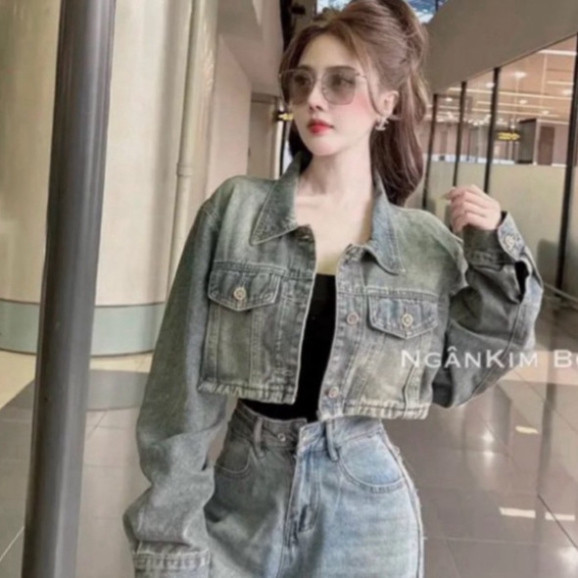 เสื้อแจ็คเก็ตยีนส์ผู้หญิง - DENIM CROPTOP Jacket - เสื้อแจ็คเก็ต CROPTOP สีฝุ่น - Mia STORE