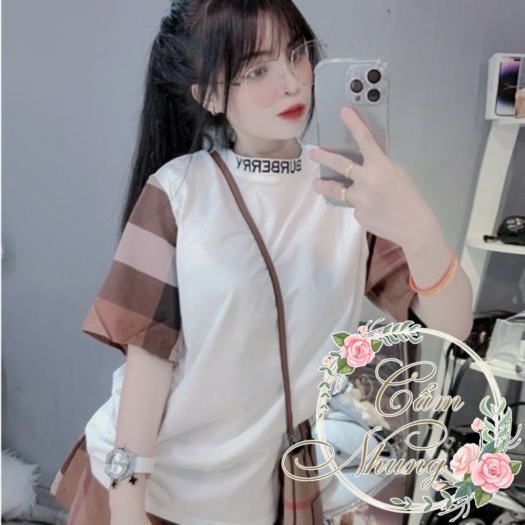 CAMNHUNG-เสื้อยืดผู้ชายและผู้หญิงคอปก BBr พิมพ์ลายและแขนลายทางสีน้ําตาล ผ้าฝ้ายหนา Freesize รูปแบบกว