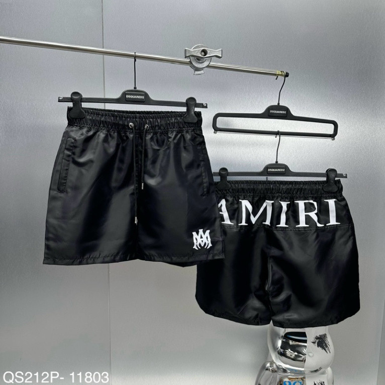 กางเกงขาสั้นลมผู้ชาย Amiri สีดําพิมพ์ลายโลโก้ที่ต้นขาและตัวอักษรข้ามก้นด้วยซับในตาข่ายคุณภาพสูงขั้นพ