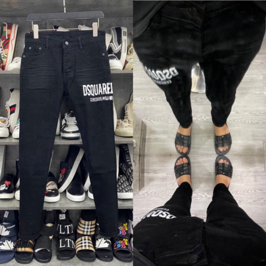 Black Jeans Dsq2 Mens Jeans Black - slimfit แบบมาตรฐาน Type 1 สีดําล้วน พร้อมตัวอักษรเพ้นท์ Dsquared