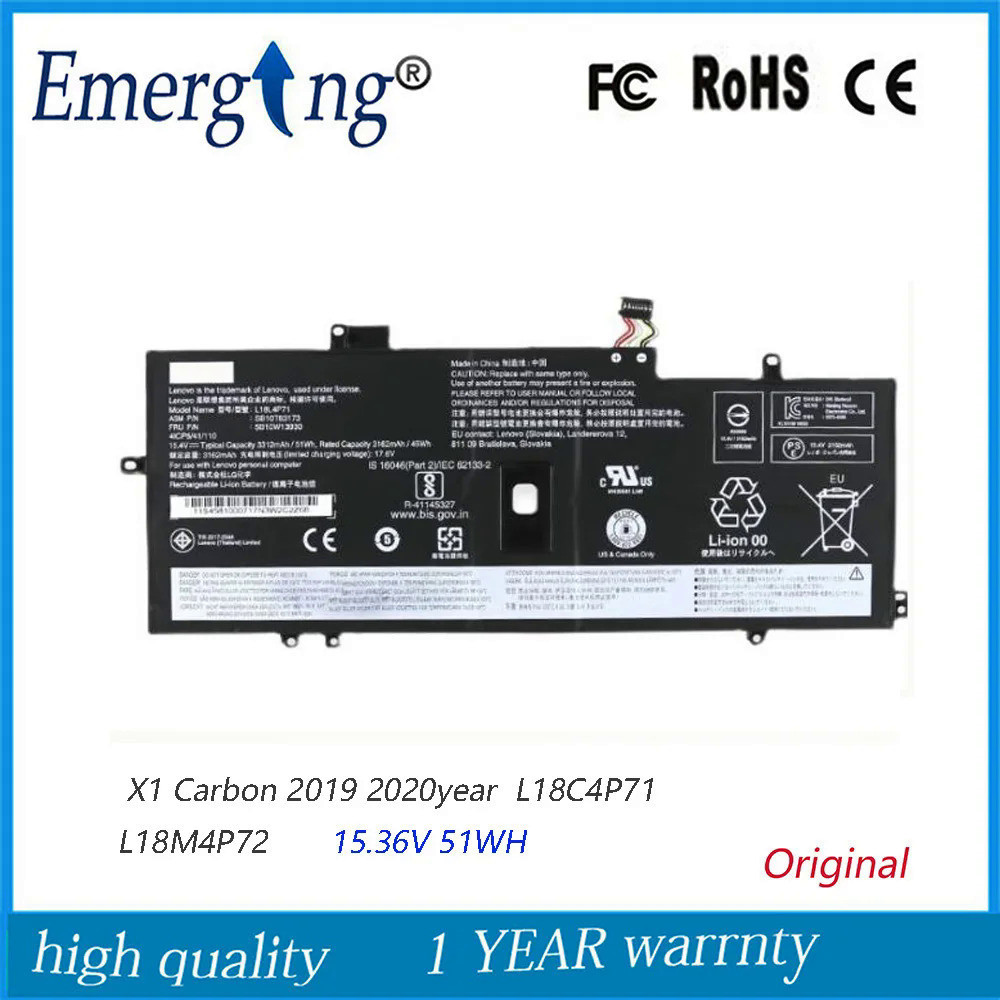 15.36โวลต์51WH เดิมแล็ปท็อปแบตเตอรี่ L18M4P72สำหรับ Lenovo X1คาร์บอน2019 2020ปี L18C4P71 L18M4P72