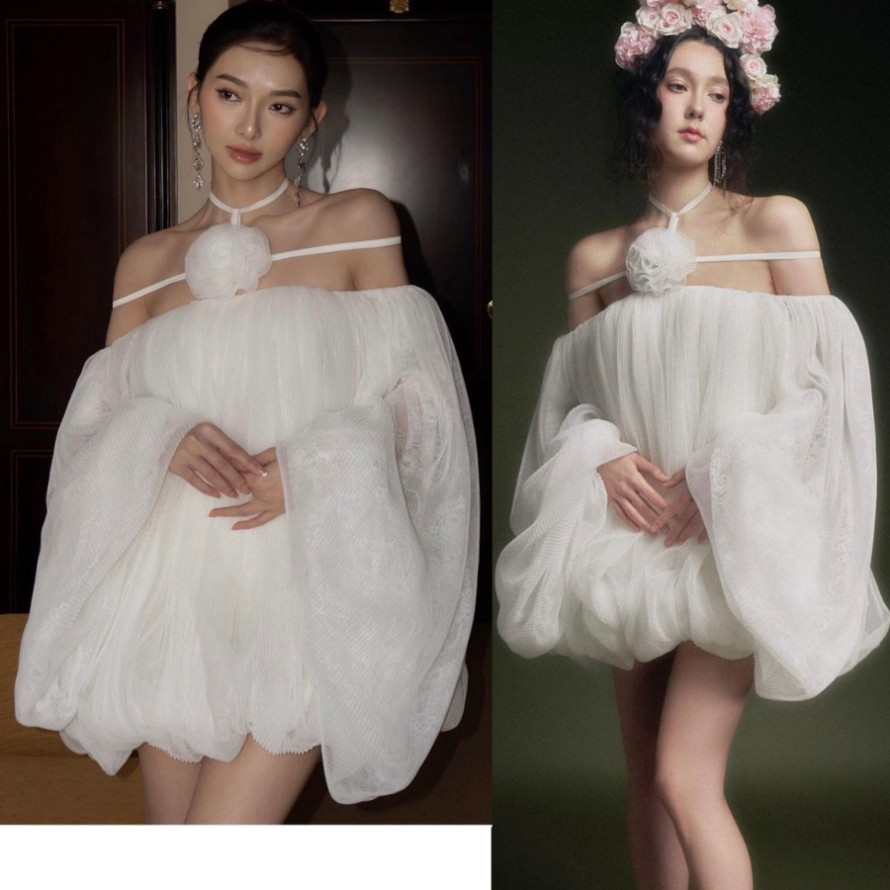Tylanstore ชุดเดรสสีขาวปิดไหล่หลวมพร้อมดอกไม้ สวย มีเสน่ห์ ผ้าไหมสีขาวคุณภาพสูงหรูหรา Banh Beo ชุด 11