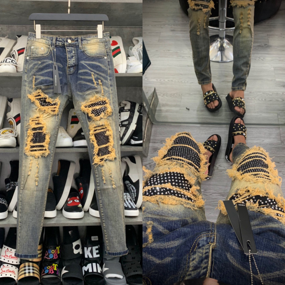 กางเกงยีนส์ผู้ชาย Green Moss stone Stitching Green Border - Dark Tassel Yellow กางเกงยีนส์ผู้ชาย Amiri พร้อมแฟชั่นหิน