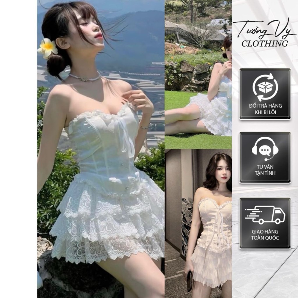 Set Of Coset Heart Neck Shirt With Chest Bow ผสมกระโปรงสั้นขา Spread Layer Of Luxurious Brocade Fabric by Wall Vy Shop