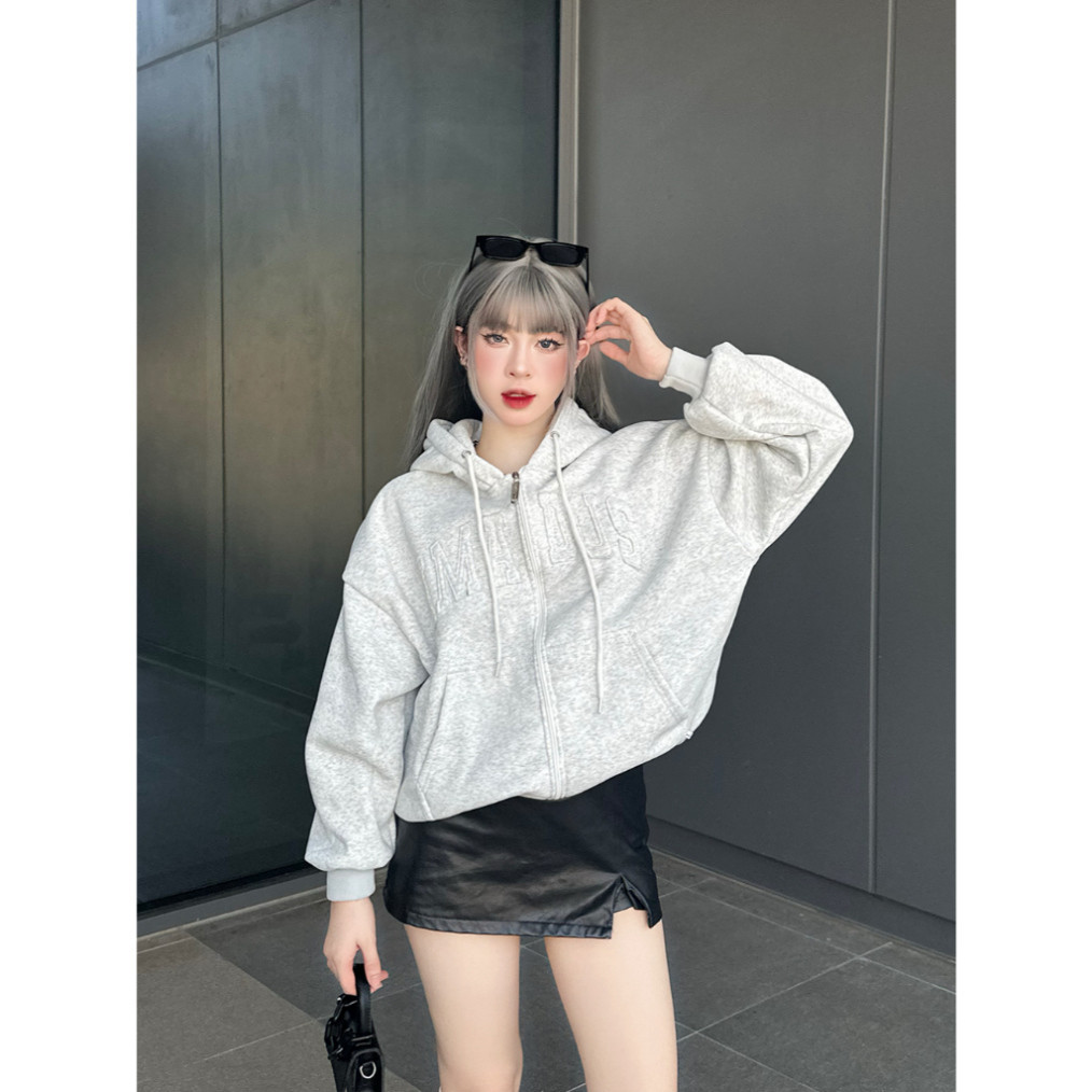 [Hoodie Zip] Amadus Boxy Form Zip Hoodie ปักลายสําหรับผู้ชายและผู้หญิงพร้อมแขนพัฟและปัก 2025