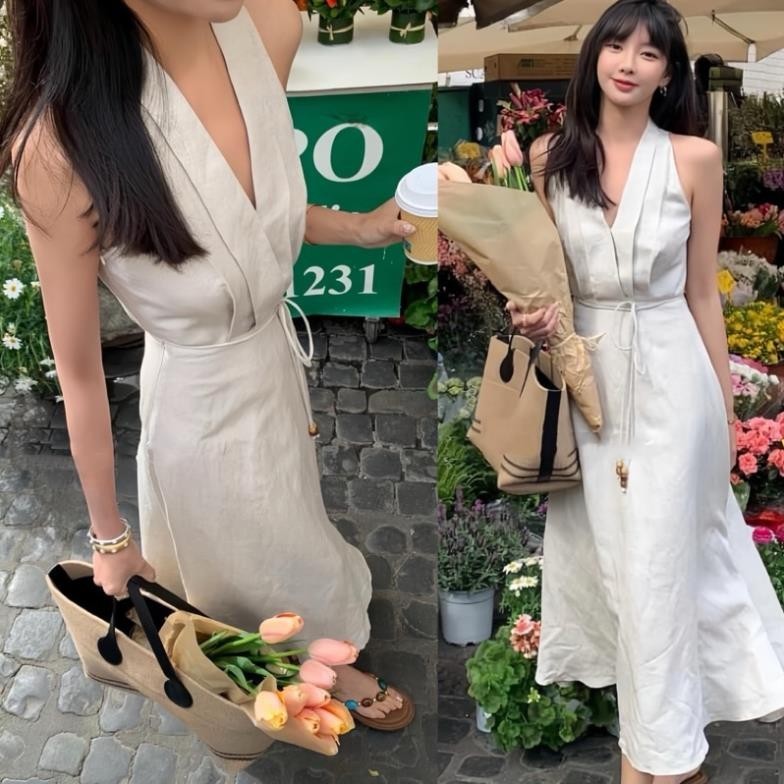 [เมยา บ้าน] ชุดเดรสผ้าลินินคอวีแขนยาวบาน + ผู้หญิงผูกเอวอ่อนโยนสําหรับผู้หญิง