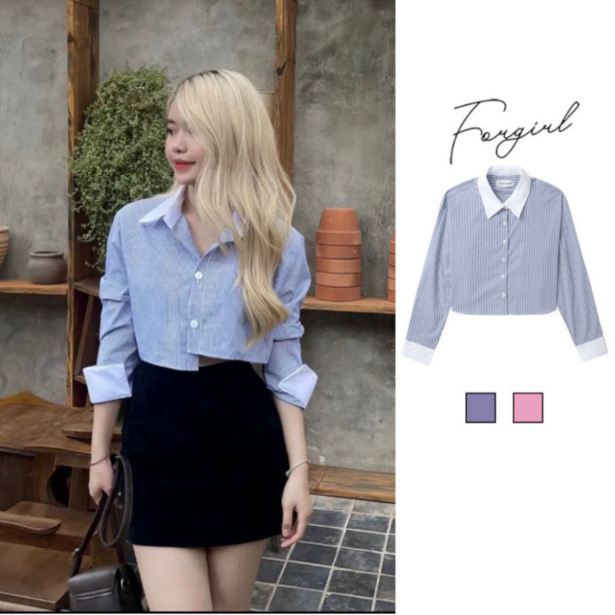 Mia Store เสื้อครอปลายทางแขนยาวคอปกสีขาว