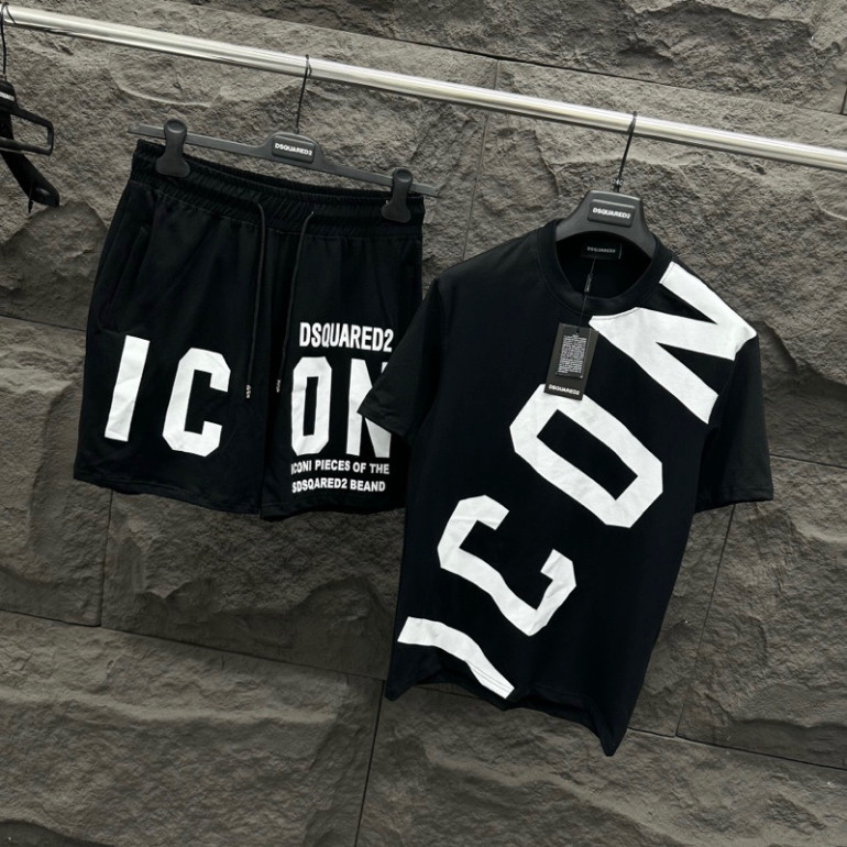 DSQ Icon ชุดสูทผู้ชายฤดูร้อนแขนไขว้ Dsq2 พิมพ์ลาย ICON เสื้อแนวทแยง กางเกงขาวดํา ผ้าคอตตอนยืดสวยมาก 