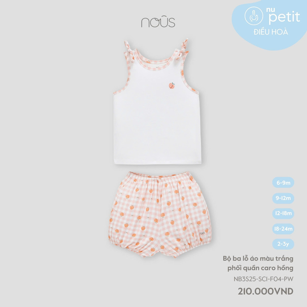 NOUS - เซตเสื้อสีขาวสามรูและกางเกงลายตารางสีชมพู - Nu Petit - 6M 9M 12M 18M 2Y - SS25.T3A- ZN777